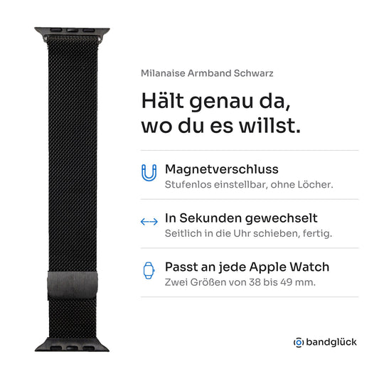 Milanaise Armband Schwarz für Apple Watch. Hält genau da, wo du es willst: Magnetverschluss, stufenlos einstellbar, ohne Löcher. In Sekunden gewechselt, einfach seitlich in die Uhr schieben. Passt an jede Apple Watch, zwei Größen von 38 bis 49 mm.