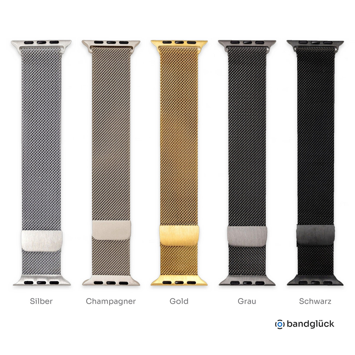 Milanaise Armband für Apple Watch in fünf Farben: Silber, Champagner, Gold, Grau und Schwarz.