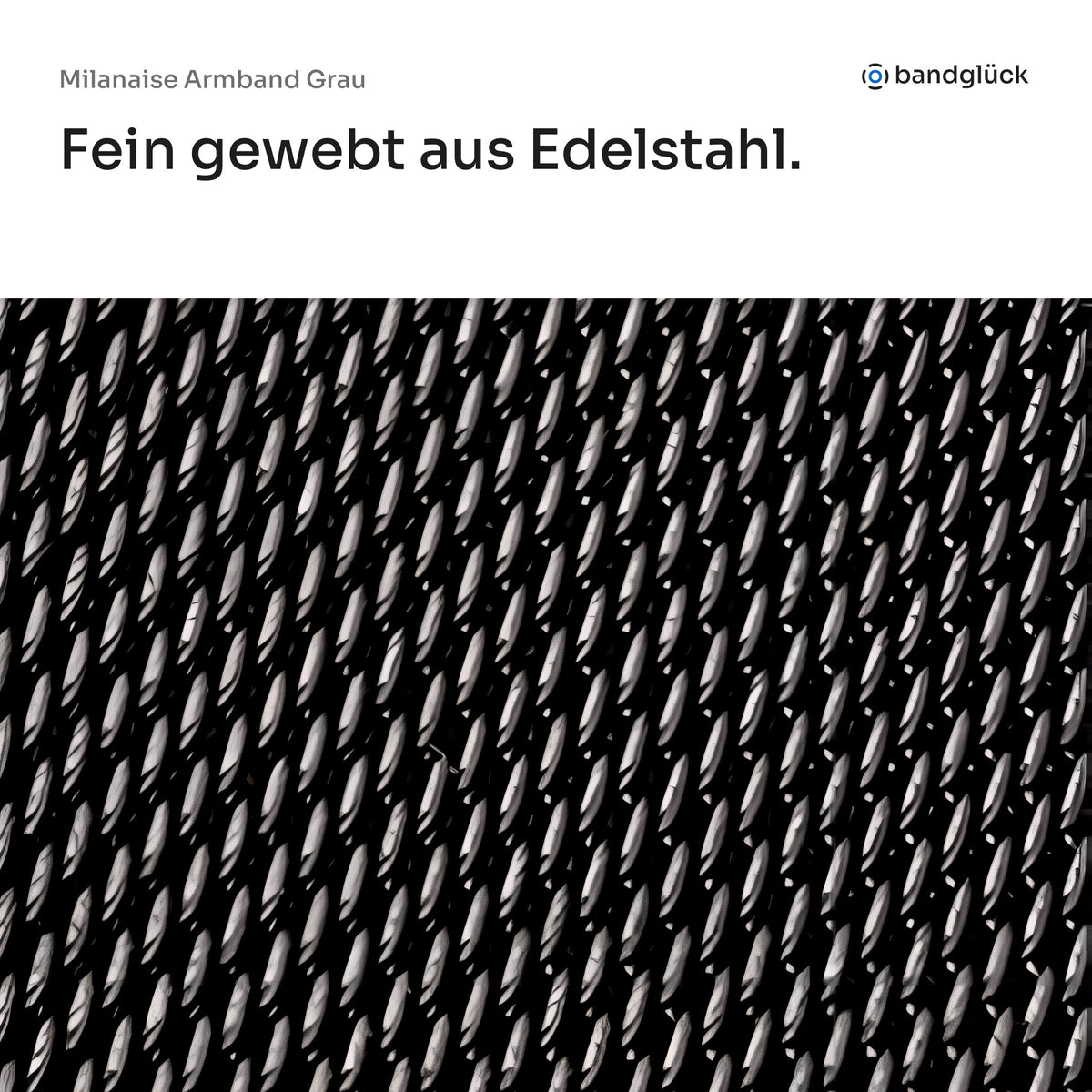 Milanaise Armband Grau in der Nahaufnahme: fein gewebt aus Edelstahl.