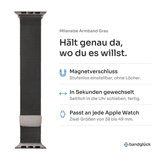 Milanaise Armband Grau für Apple Watch. Hält genau da, wo du es willst: Magnetverschluss, stufenlos einstellbar, ohne Löcher. In Sekunden gewechselt, einfach seitlich in die Uhr schieben. Passt an jede Apple Watch, zwei Größen von 38 bis 49 mm.
