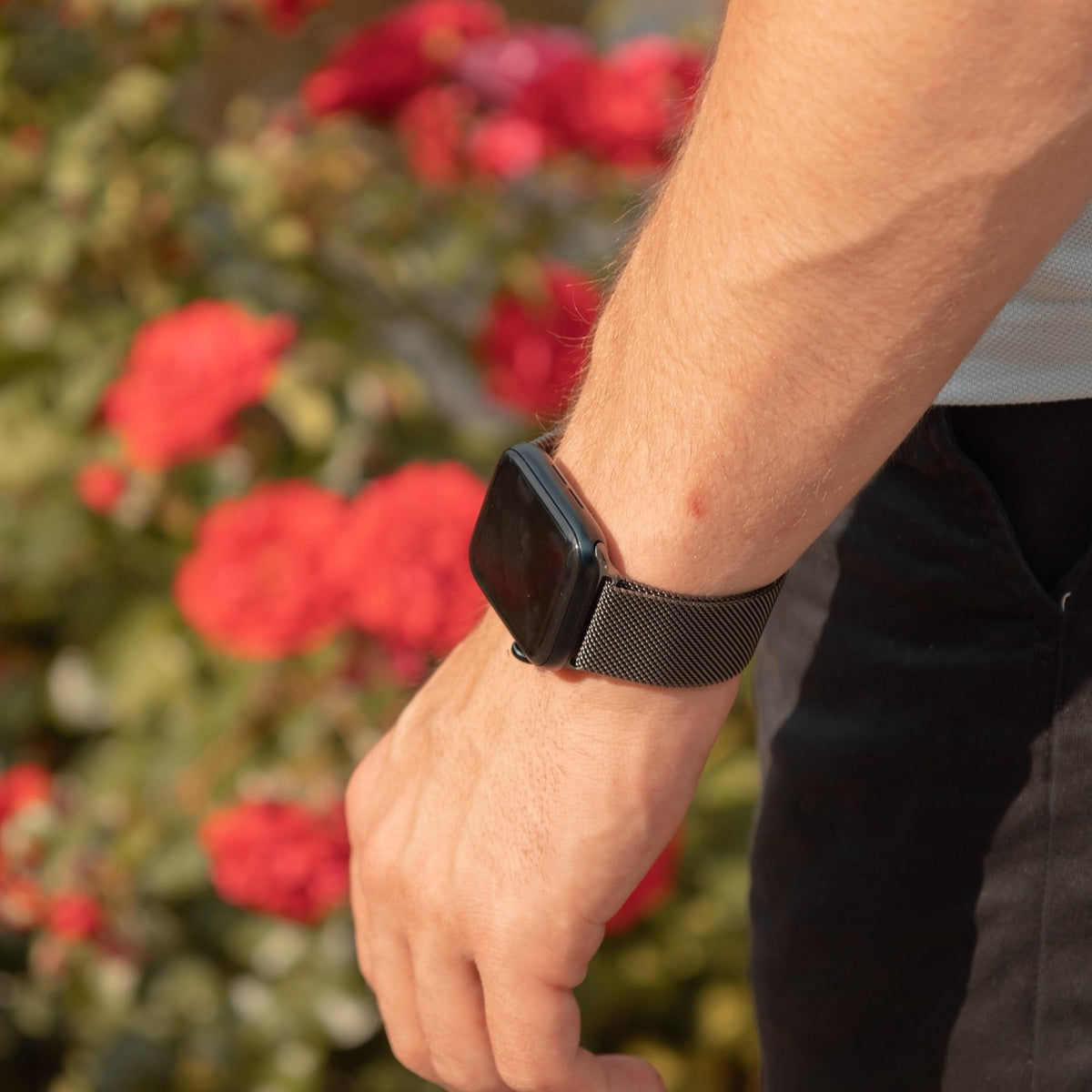 Milanaise Armband am Handgelenk, im Hintergrund rote Rosen.